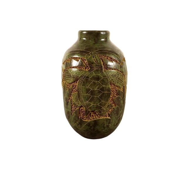 Handmade Other - Nicaraguan Sgraffito Pottery Vase Hand Carved Etched Signed Green Sea Turtle 7"
